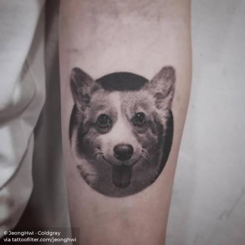 By JeongHwi · Coldgray, done at Cold Gray Tattoo, Seoul.... pembroke welsh corgi;black and grey;pet;dog;animal;jeonghwi;facebook;twitter;portrait;inner forearm;medium size