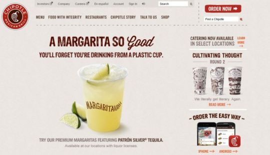 Image of Chipotle's website. Main text says 