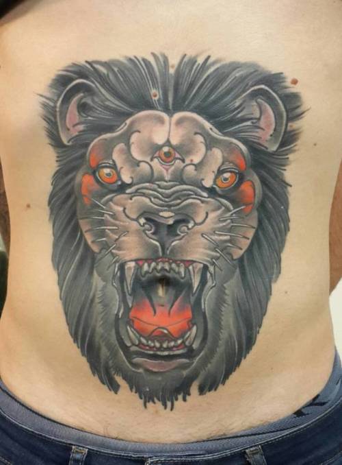 By Ramiro Blanco Gamboa, done at Homeless Tattoo Club, Buenos... animal;astrology;big;facebook;feline;leo;lion;neotraditional;ramiroblanco;stomach;twitter;zodiac