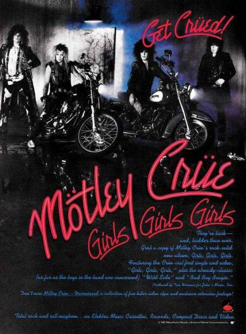 motley crue girls girls girls nikki sixx vince neil tommy lee mick mars wild side all in the name of you& 039;re all i need dancing on glass ad advert advertising music poster hair metal elektra records 1987