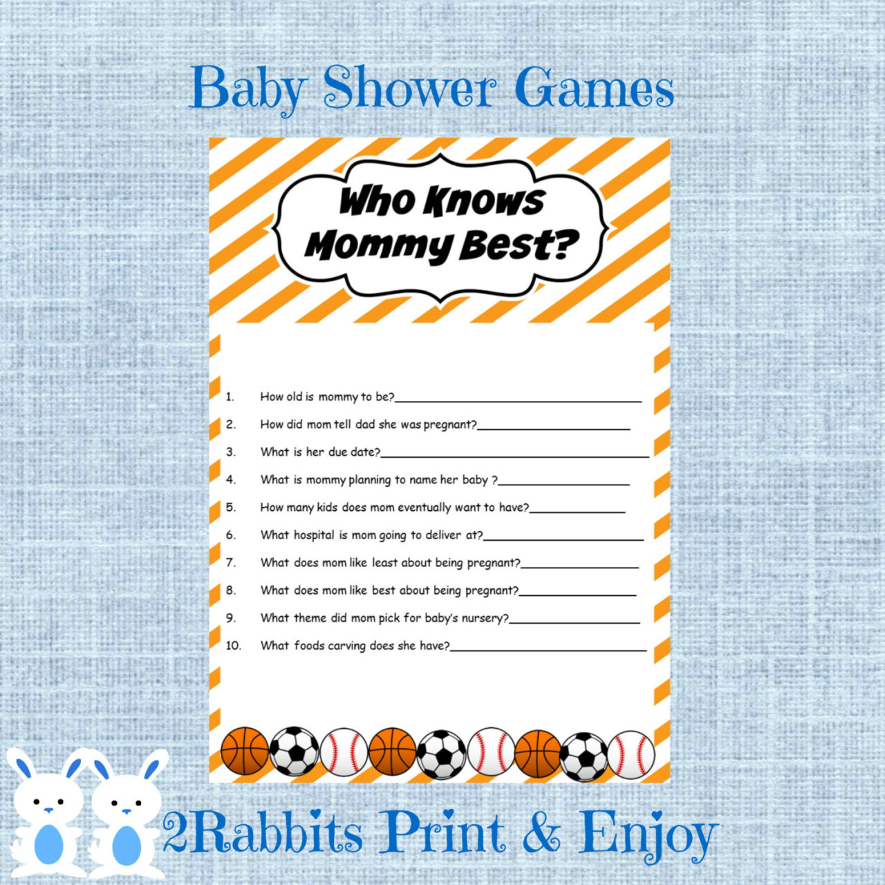 2rabbits Print Enjoy Sports Baby Shower Game Who Knows Mommy