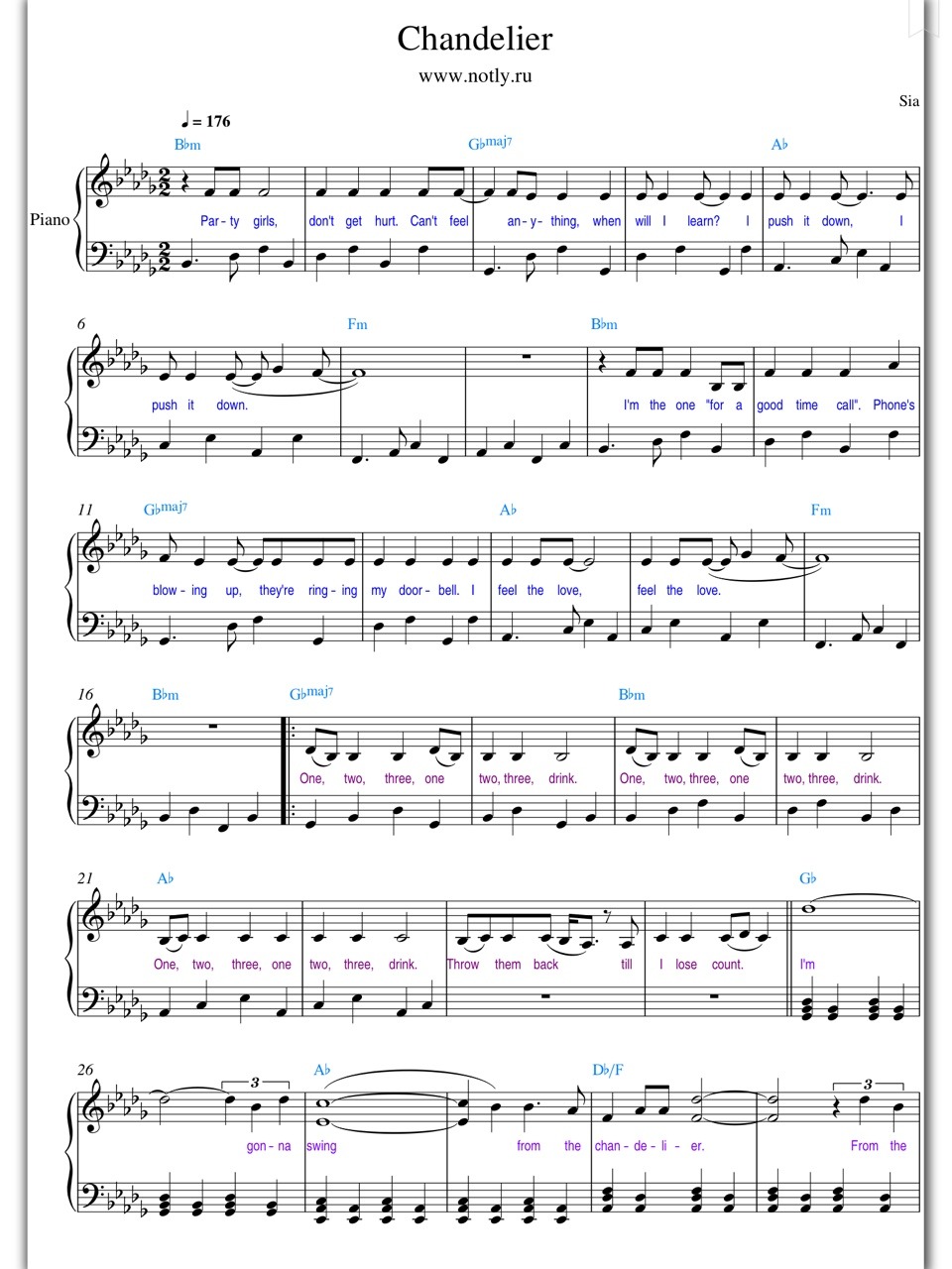 Piano Sheet Music — Chandelier - Sia (Piano Sheet)