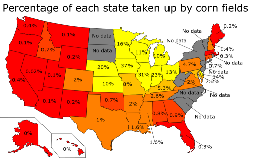 Approximate percentage of each state taken up by corn fields.