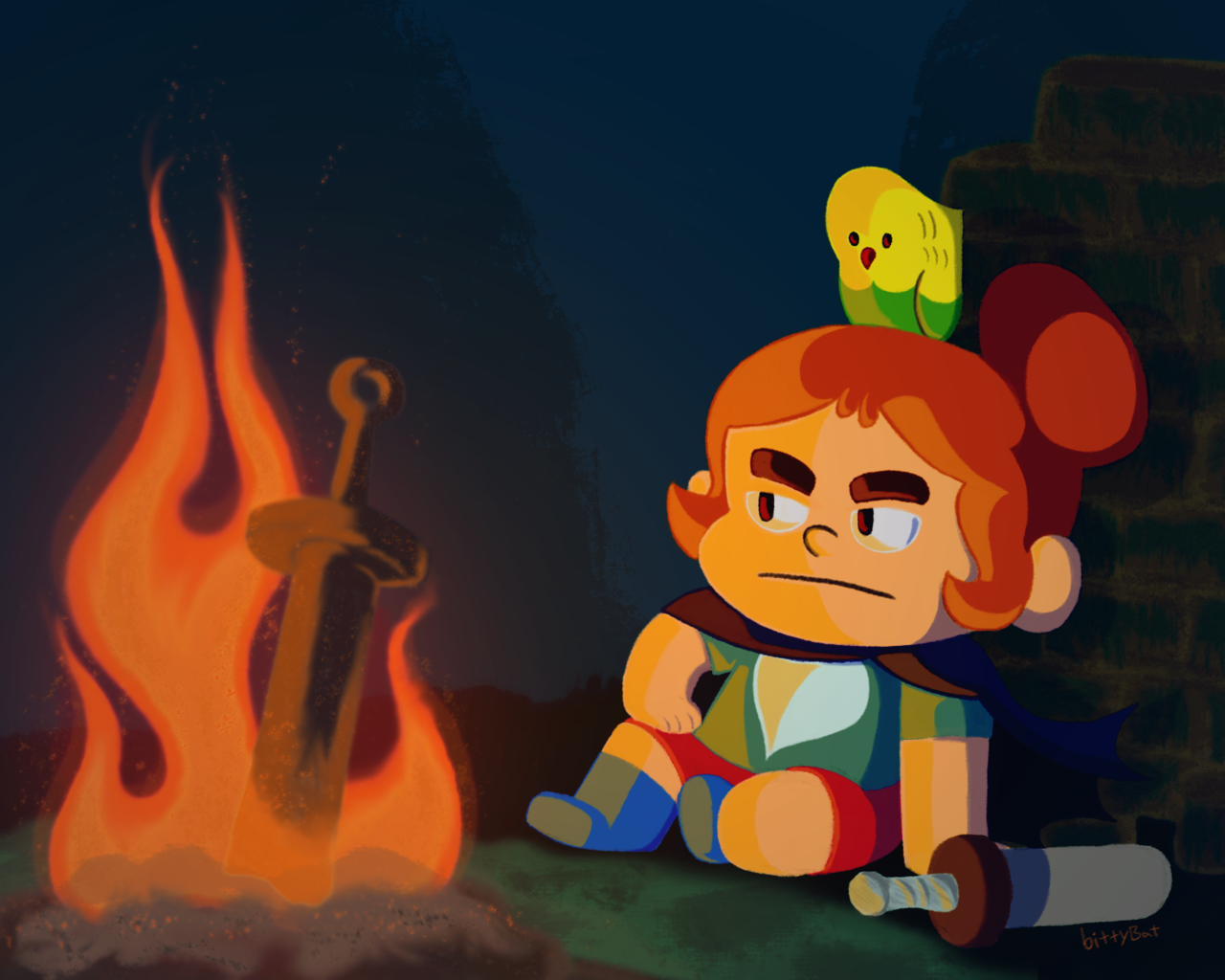 Art for one of my favorite shows: Kelsey and Mortimer from Craig of the Creek, resting at a Dark Souls bonfire!~