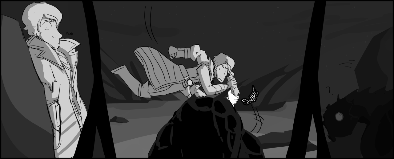 [id: a three panel comic. Comic 1: Fiona peeks out from her hiding place, looking cautious. Panel 2: Fiona runs from left to right, scooping up a gun with a hand attached to it mid-stride. A skag lurks in the foreground. Panel 3: Fiona hides behind a boulder. The skag looks over its shoulder, confused.]