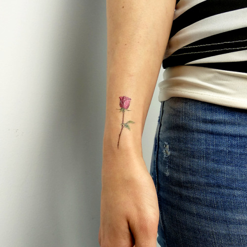 Pink rose temporary tattoo designed by tattoo artist Mini Lau,... flower;minilau;rose;nature;temporary;pink rose
