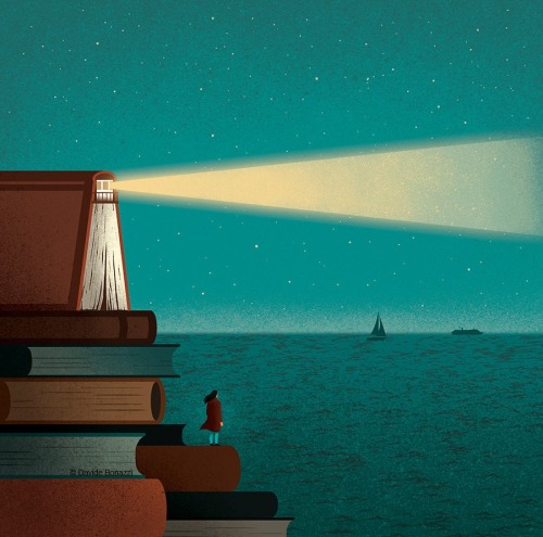 Lee! La lectura es como un faro contra la ignorancia. Sigue su luz (ilustración de Davide Bonazzi)