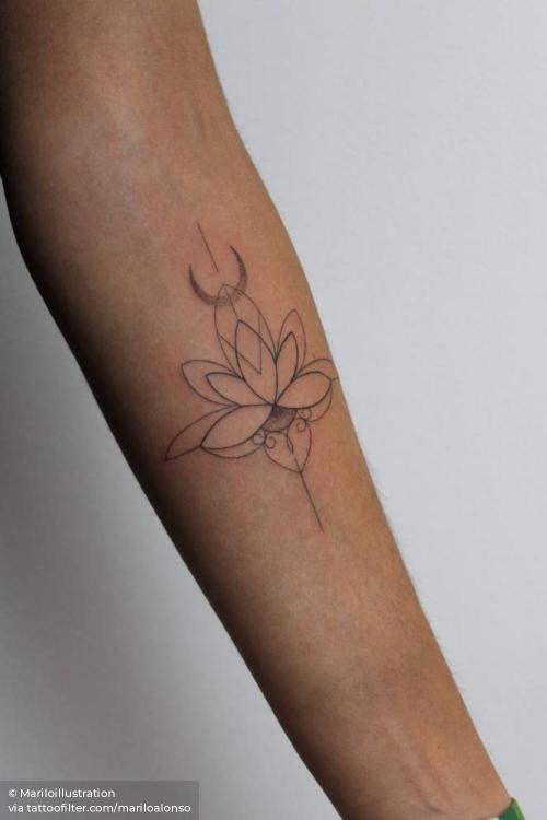 By Mariloillustration, done in Girona. http://ttoo.co/p/35073 facebook;fine line;flower;hindu;inner forearm;line art;lotus flower;mariloalonso;nature;other;religious;small;on dark skin;twitter