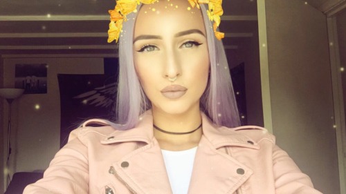 pink leather jacket septum lilac hair choker butterflies selfie