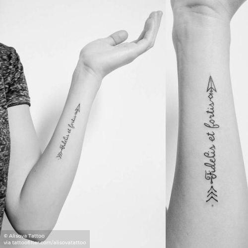 By Alisova Tattoo, done in Moscow. http://ttoo.co/p/29335 alisovatattoo;arrow;facebook;fidelis et fortis;forearm;languages;latin tattoo quotes;latin;line art;native american;small;quotes;twitter;weapon