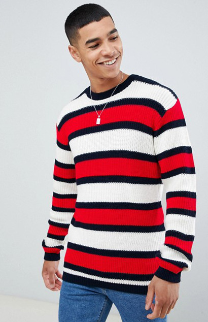 boohooMAN, Crew Neck Sweater In Red Stripe ↳ $35... - PTX Fashion