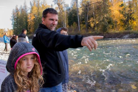 Dad and daughter watching salmon at the Adams River Sockeye Salmon Run at Tsutswecw Provincial Park