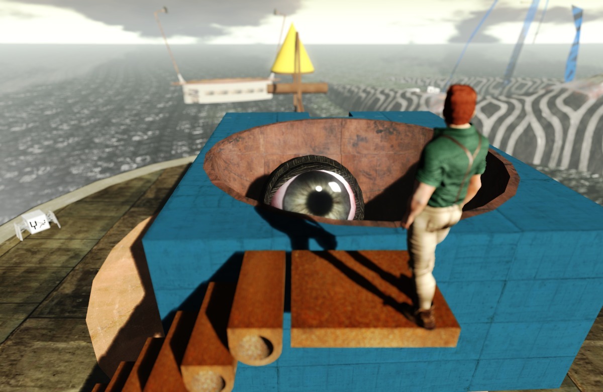 Ricco prepares to jump in the catapult, where a giant eye looks at him