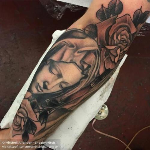 By Mitchell Allenden · Sneaky Mitch, done at Dock Street... healed;flower;art;black and grey;virgin mary;freehand;rose;michelangelo;pieta;facebook;mitchellallenden;nature;location;forearm;twitter;italy;religious;other;europe;patriotic;virgin;big