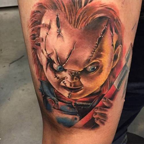 By Khail Aitken, done at Sinister Ink Tattoo, Rockingham.... khailaitken;film and book;chucky;fictional character;child s play;big;thigh;facebook;realistic;twitter