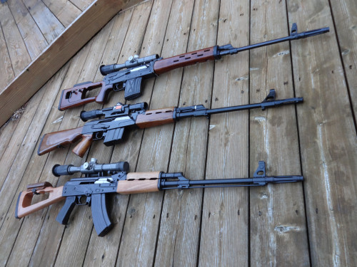 coffeeandspentbrass:lookatmyguns:Combloc AK DMR Collection...