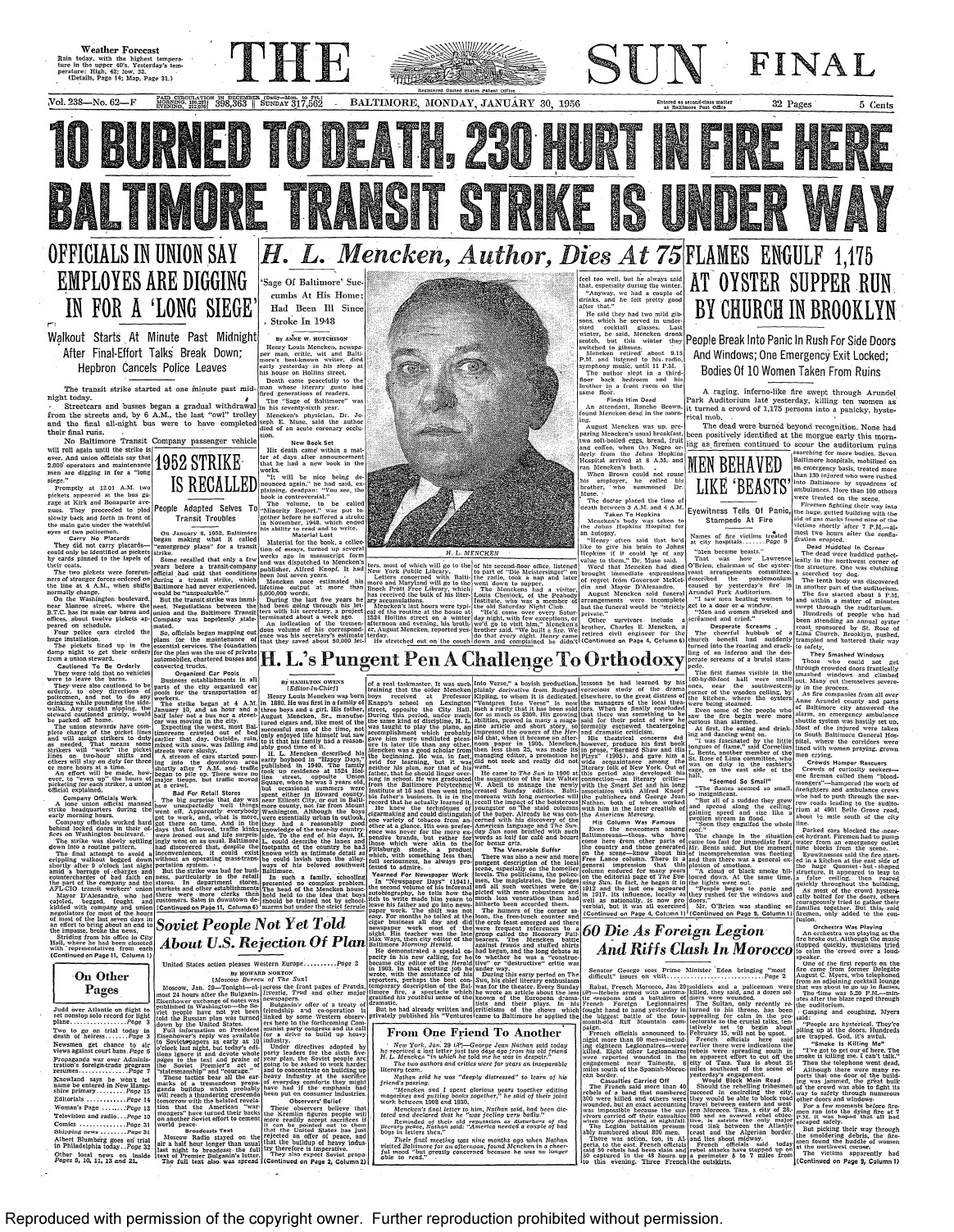 Retro Baltimore, H.L. Mencken Dies: The Sun Front Page: Jan. 30,...