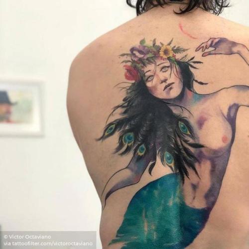 By Victor Octaviano, done at Puros Cabrones Tattoo, Santo André.... sea;big;back;watercolor;facebook;nature;twitter;ocean;mermaid;mythology;victoroctaviano
