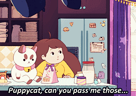I title this gifset: puppycat is an asshole: kitchen edition! bee and puppycat deckard wizard bee and deckard puppycat bee you need a last name already venom edits mygifs