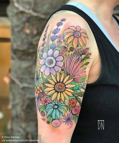 By Dino Nemec, done at Lone Wolf Private Tattooing Studio,... dinonemec;flower;sketch work;flower bouquet;big;freehand;facebook;nature;twitter;upper arm