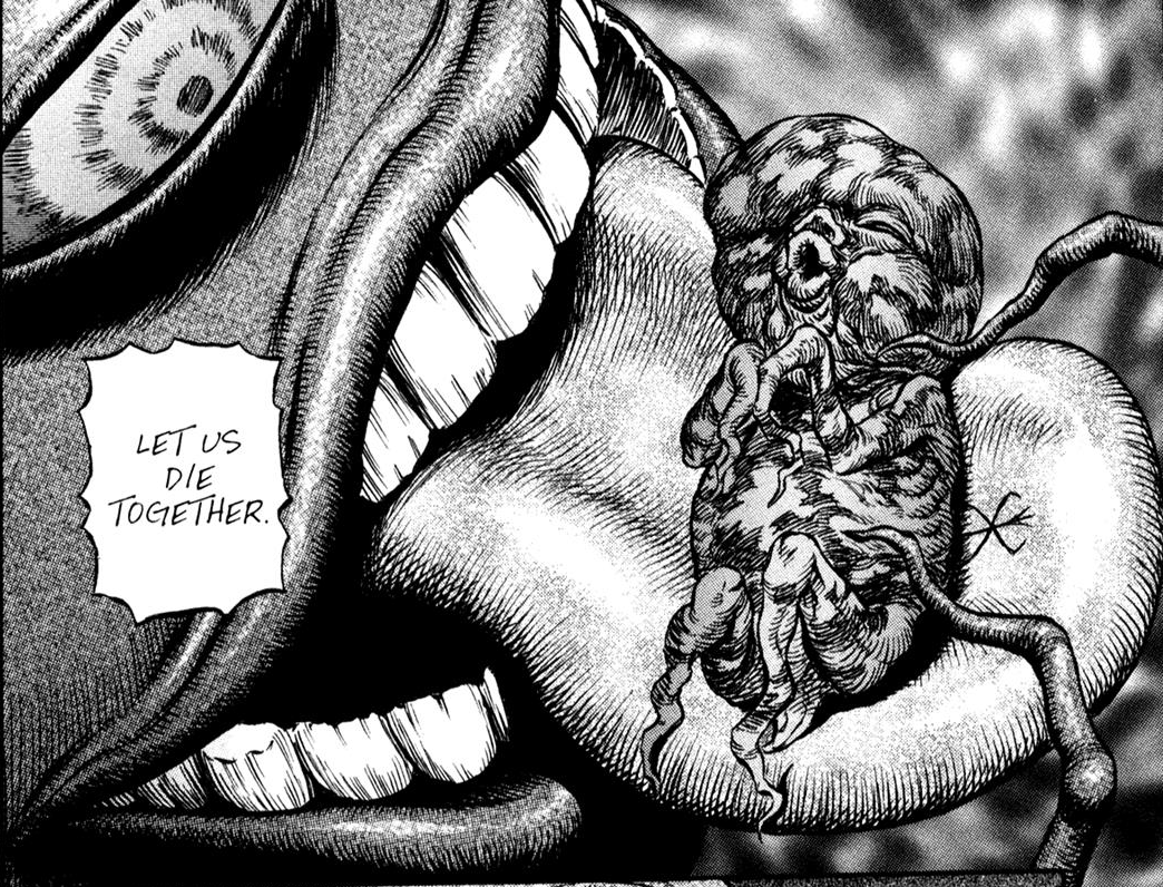 Oh my gosh oh my gosh, when Griffith swallows the baby fetus that Casca  gave birth did you see the tongue it had the brand of sacrifice !! Was that  Griffith swallowing