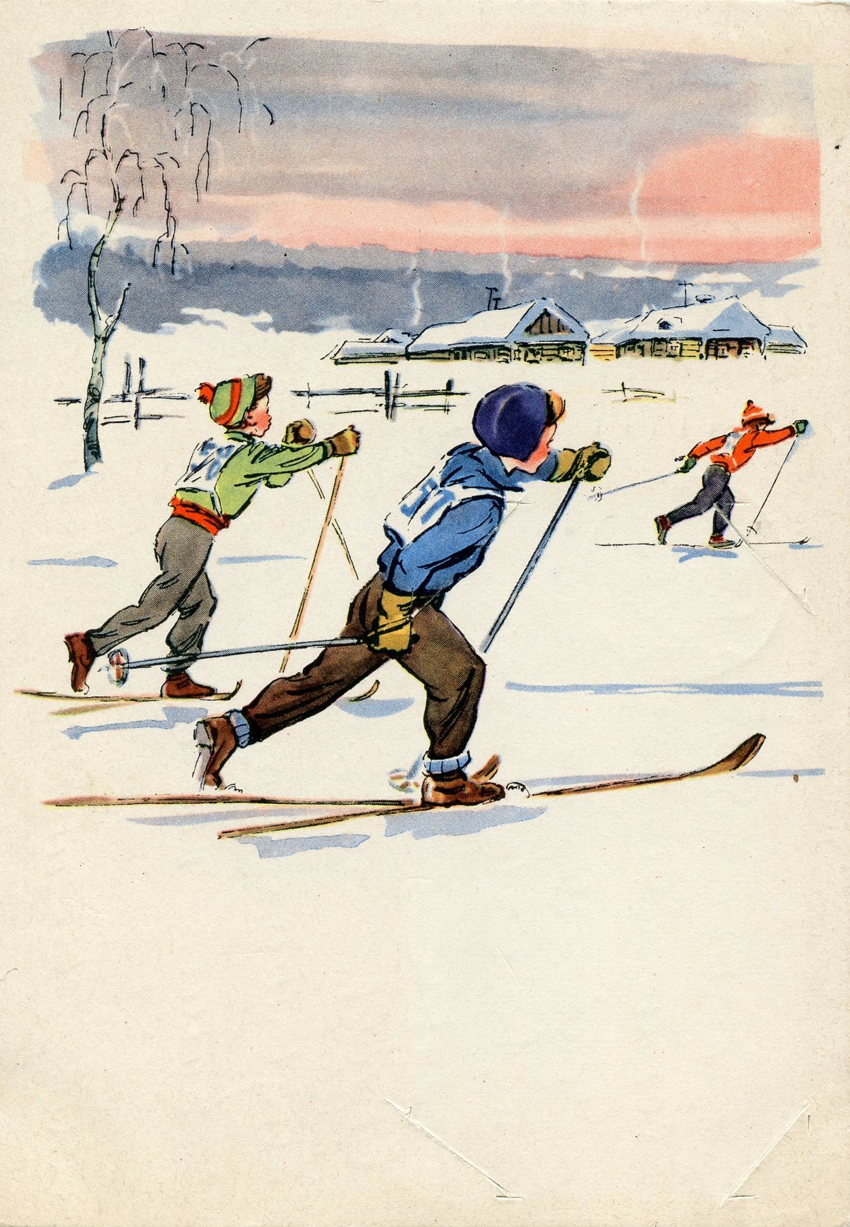 “Young skiers”, postcard by A. Maleinov (1962)