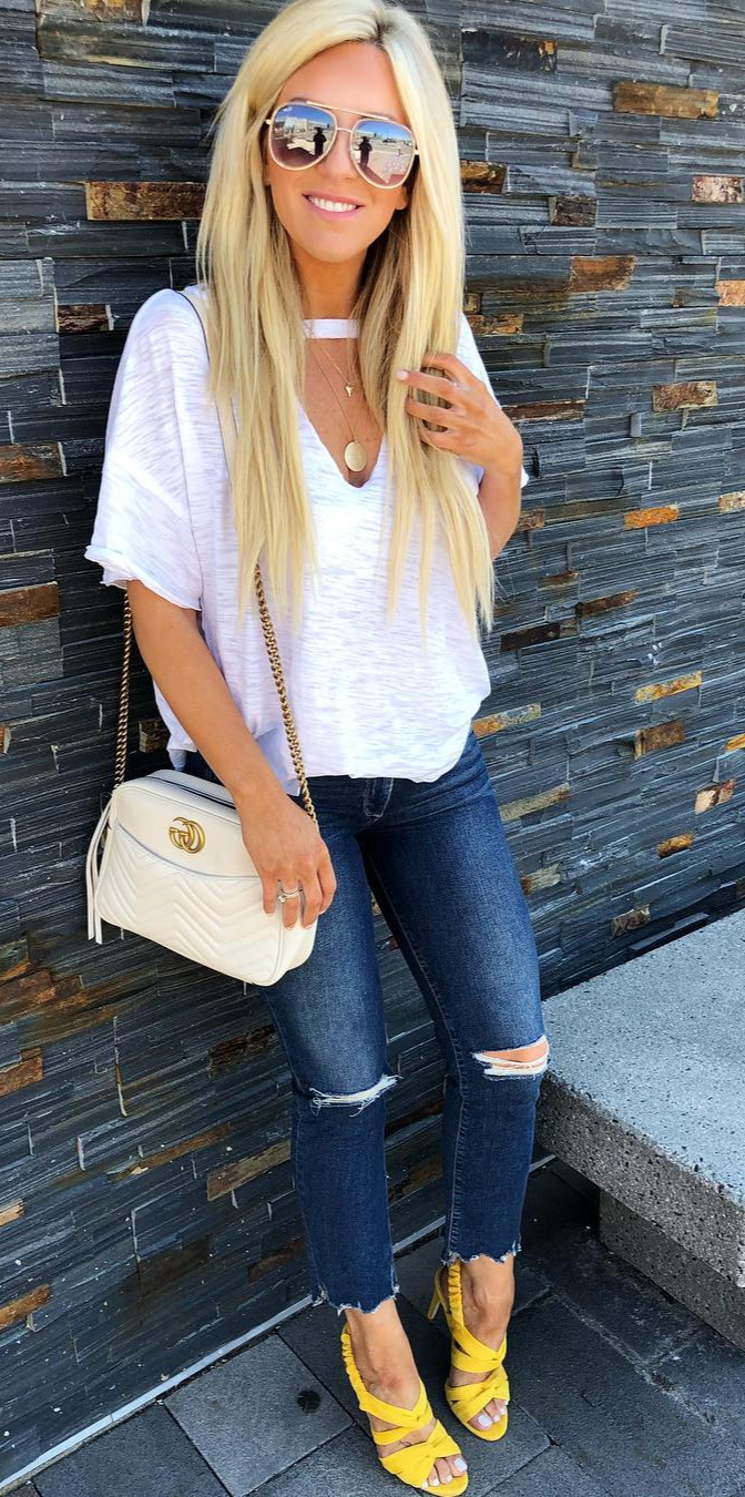 50+ Cozy Outfit Ideas You Need - #Cute, #Dress, #Picoftheday, #Fashionblogger, #Street The BEST white tee with a twist Plus... how good are these yellow heels?!?! You can shop my look by following me on the Liketoknowit App OR you can like and then screenshot this pic to be sent a Liketoknowit email with the shop able links OR you can always use the link in my profile:  