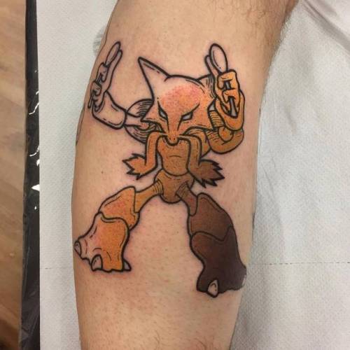 By Gennaro Varriale, done at Area Industriale Tattoo, Lovere.... pokemon characters;calf;gennarovarriale;fictional character;alakazam;contemporary;facebook;twitter;video game;pop art;game;medium size;pokemon;neotraditional