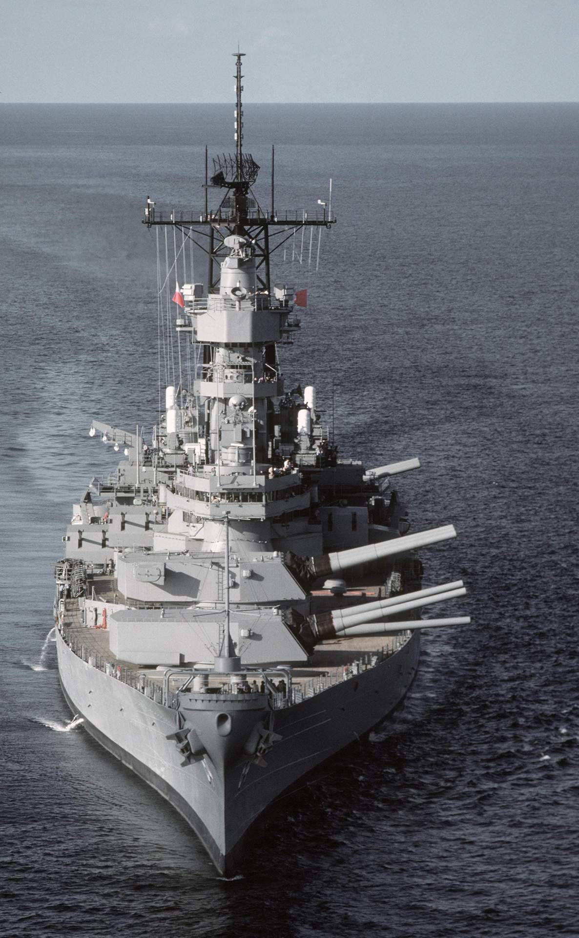 The Hangar — Bow-on view of the USS Wisconsin (BB-64) preparing...