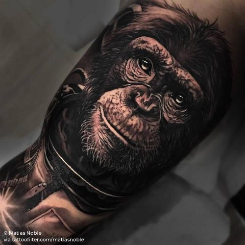 By Matias Noble, done at Noble Art Gallery Tattoo, Valencia.... animal;big;black and grey;chimpanzee;facebook;inner arm;matiasnoble;portrait;primate;twitter