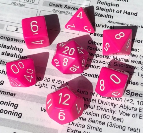 battlecrazed-axe-mage:Chessex’s new set–pink opaque! I wouldn’t...