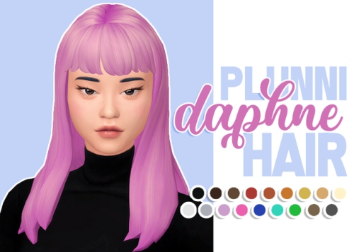plunni:
â€œ  PLUNNIâ€™S DAPHNE HAIR - â€¢ just a little frankenmesh hair for all ur fringe-y needs!
â€¢ bgc + a custom thumbnail.
â€¢ correct lods + hat compatible.
â€¢ comes in all the original EA swatches.
â€¢ iâ€™ve never made a hair before, so if there are any...