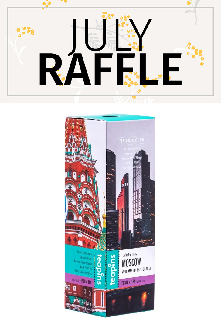 JULY RAFFLEPrize: An awesome package of Russia-themed tea. Includes 10 loose leaf tea pouches of flavoured black and herbal tea. The coolest thing about it is the names of the flavours, check them out: Russian Romance, Samovar Party, Moscow Never...