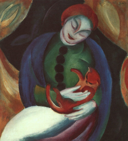 Girl with Cat II, 1912, Franz Marc Medium: oil,canvas https://www.wikiart.org/en/franz-marc/girl-with-cat-ii-1912