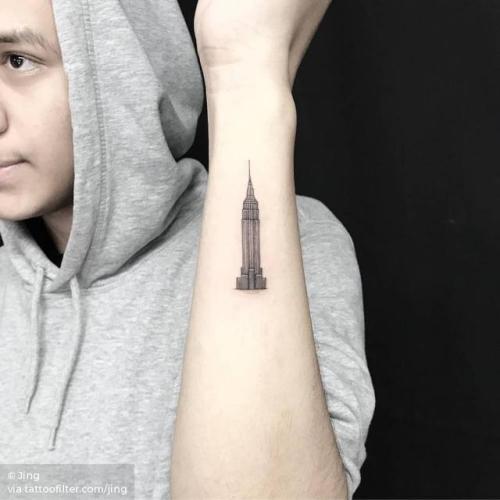 By Jing, done at Jing’s Tattoo, Queens.... jing;small;patriotic;empire state building;tiny;united states of america;ifttt;little;location;forearm;architecture;new york;illustrative