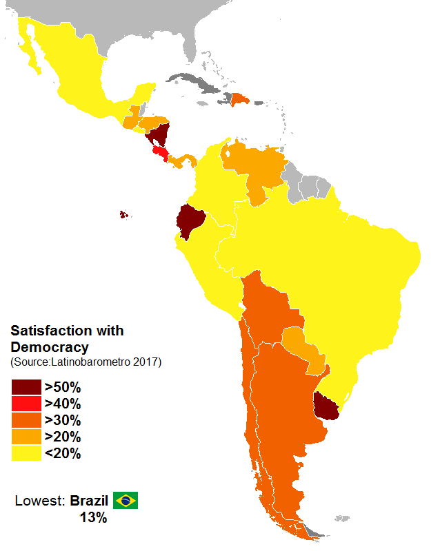 Maptitude — Satisfaction with democracy in Latin America