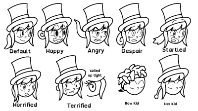 Image ID: A series of quick linearts of Hat Kid, & one of her friend Bow Kid. Most are facial expressions with her ponytail moving too. The Bow Kid doodle & a Hat Kid have antennae instead. End ID.