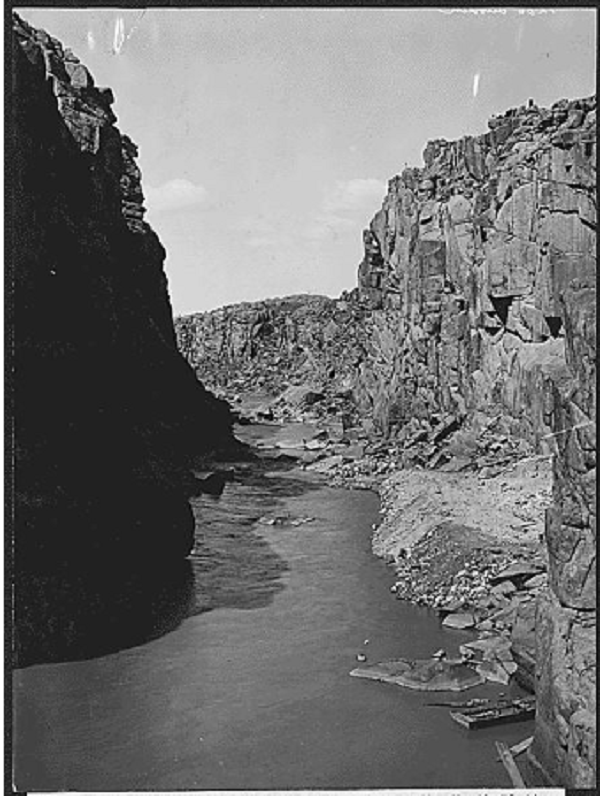 “Pathfinder Dam site; view looking up the North Platte River showing the dam site,” 8/17/1905 “ Series: Photograph albums, 1903 - 1972. Record Group 115: Records of the Bureau of Reclamation, 1889 - 2008.
”