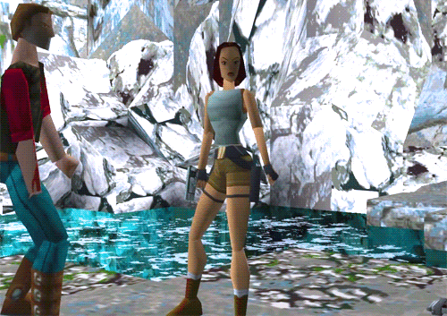 Lara e Larson na primeira cutsene de Tomb Raider 1996.
