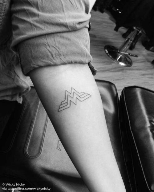 By Wicky Nicky, done at Moon Sheen Tattoo, Manhattan.... wonder woman logo;feminist;small;dc comics;brand;little;wonder woman;minimalist;tiny;dc comics character;inner forearm;logo;other;film and book;fine line;patriotic;fictional character;line art;wickynicky;united states of america;activism;women;ifttt