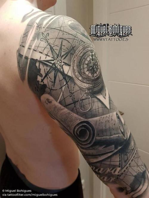 By Miguel Bohigues, done at V Tattoo, Aldaia.... black and grey;big;half sleeve;compass;travel;map;facebook;twitter;miguelbohigues;upper arm
