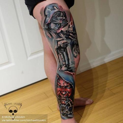By Michael Litovkin, done in Frankfurt. http://ttoo.co/p/32886 film and book;leg;leg sleeve;michaellitovkin;fictional character;huge;darth maul;darth vader;star wars;facebook;star wars characters;realistic;twitter