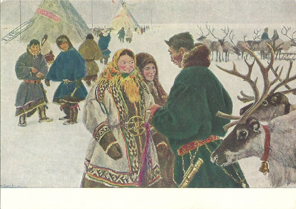 Voting Day in Tundra, postcard by M. Birshtein (1954)