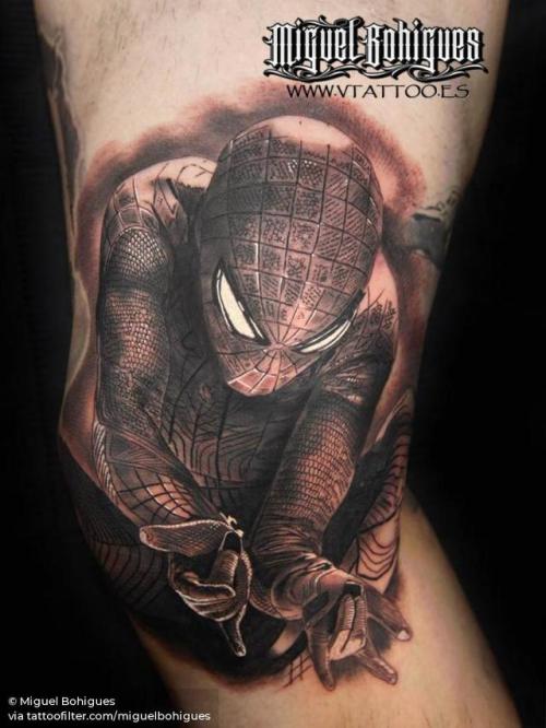 By Miguel Bohigues, done at V Tattoo, Aldaia.... film and book;black and grey;patriotic;fictional character;spiderman;big;united states of america;thigh;facebook;marvel;twitter;miguelbohigues;marvel character