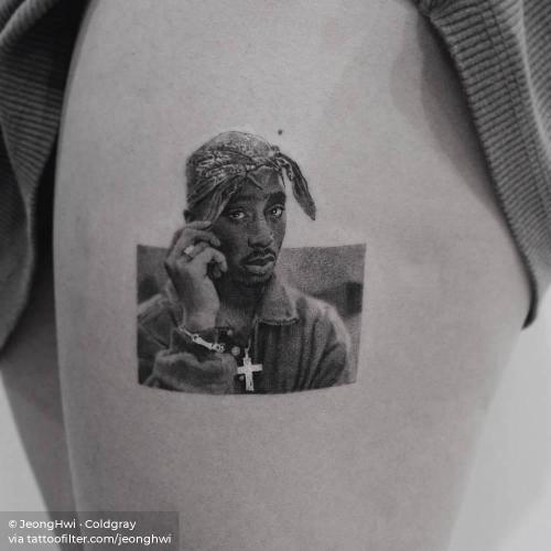 By JeongHwi · Coldgray, done at Vatican Studios, Lake Forest.... character;facebook;jeonghwi;medium size;music;patriotic;rapper;single needle;thigh;tupac;twitter;united states of america