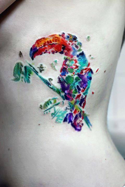 By Bartt ·  Bartosz Pawlicki, done at Scratchline Tattoo,... abstract;bartt;big;animal;contemporary;watercolor;rib;bird;toucan;facebook;twitter;expressionist