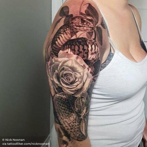By Nick Noonan, done at Left Hand Path Tattoos, Christchurch.... flower;black and grey;nicknoonan;big;animal;rose;snake;facebook;nature;twitter;upper arm