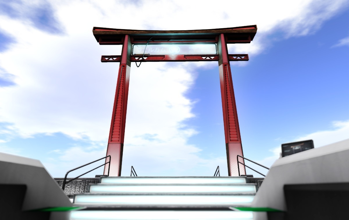 A torii with light, hologram, different materials and details such as lose cables