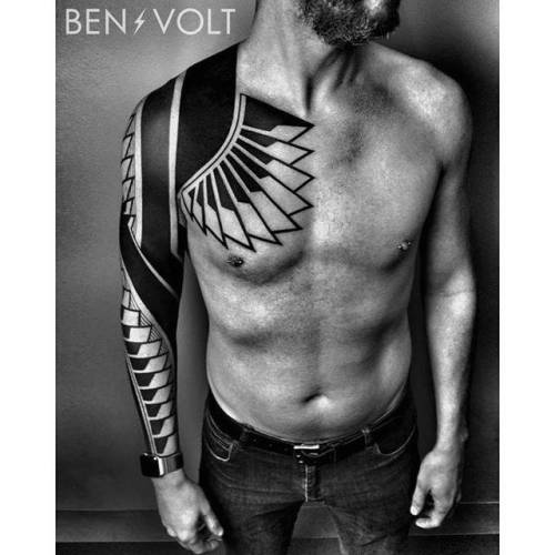 By Ben Volt, done at FORM8 Tattoo, San Francisco.... tribal;neotribal;chest;huge;benvolt;facebook;blackwork;twitter;sleeve;geometric