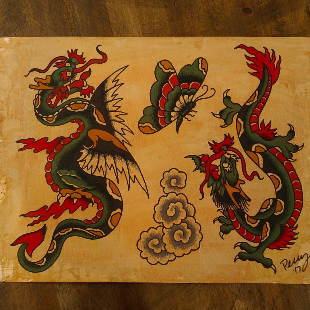 american traditional old school dragon tattoo